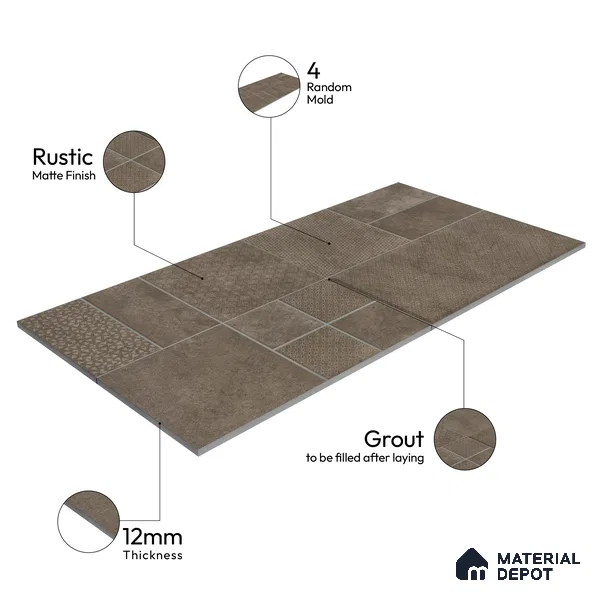 Parking Floor & Wall TL 00061 C Marrone Brown 2 ft x 1 ft Matte Finish Stone Vitrified Tile - 12 mm | 32 Random Faces | Suitable For Heavy Duty Outdoor Areas