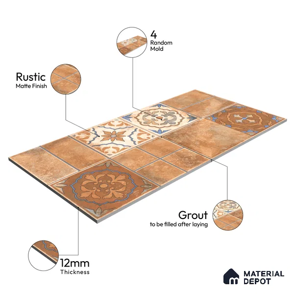 Terracotta Parking Floor & Wall TL 00061 D Red Rosy Brown 2 ft x 1 ft Matte Finish Stone Vitrified Tile - 12 mm | 32 Random Faces | Suitable For Heavy Duty Outdoor Areas