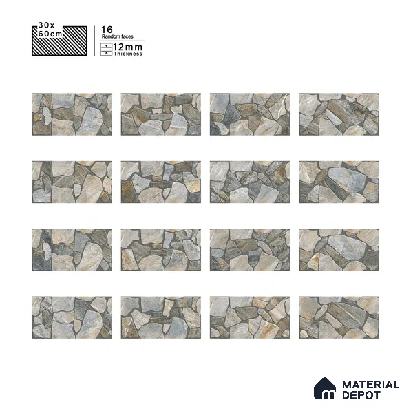 Parking Floor & Wall TL 00064 A Stone Grey 2 ft x 1 ft Matte Finish Stone Vitrified Tile - 12 mm | 16 Random Faces | Suitable For Heavy Duty Outdoor Areas