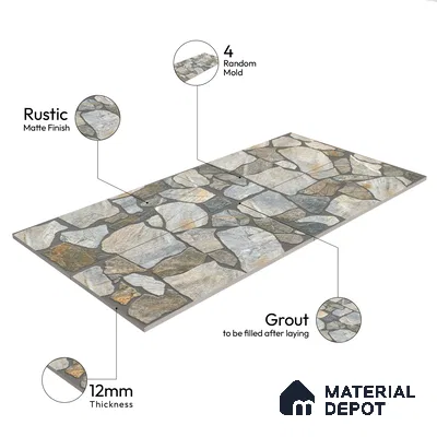 Parking Floor & Wall TL 00064 A Stone Grey 2 ft x 1 ft Matte Finish Stone Vitrified Tile - 12 mm | 16 Random Faces | Suitable For Heavy Duty Outdoor Areas