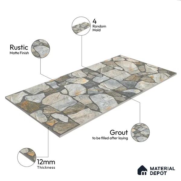Parking Floor & Wall TL 00064 A Stone Grey 2 ft x 1 ft Matte Finish Stone Vitrified Tile - 12 mm | 16 Random Faces | Suitable For Heavy Duty Outdoor Areas