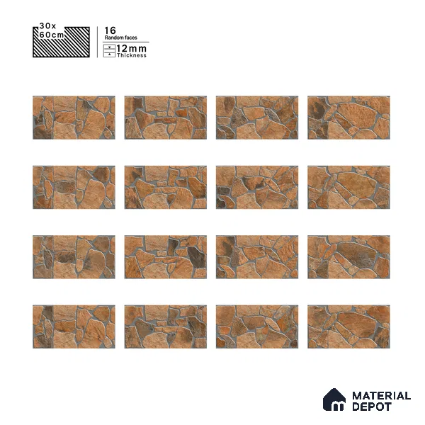 Parking Floor & Wall TL 00064 B Rocky Brown 2 ft x 1 ft Matte Finish Stone Vitrified Tile - 12 mm | 16 Random Faces | Suitable For Heavy Duty Outdoor Areas
