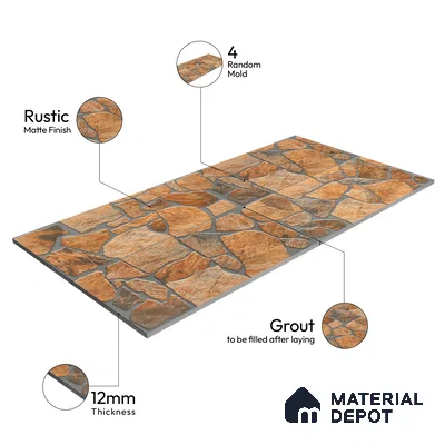 Parking Floor & Wall TL 00064 B Rocky Brown 2 ft x 1 ft Matte Finish Stone Vitrified Tile - 12 mm | 16 Random Faces | Suitable For Heavy Duty Outdoor Areas