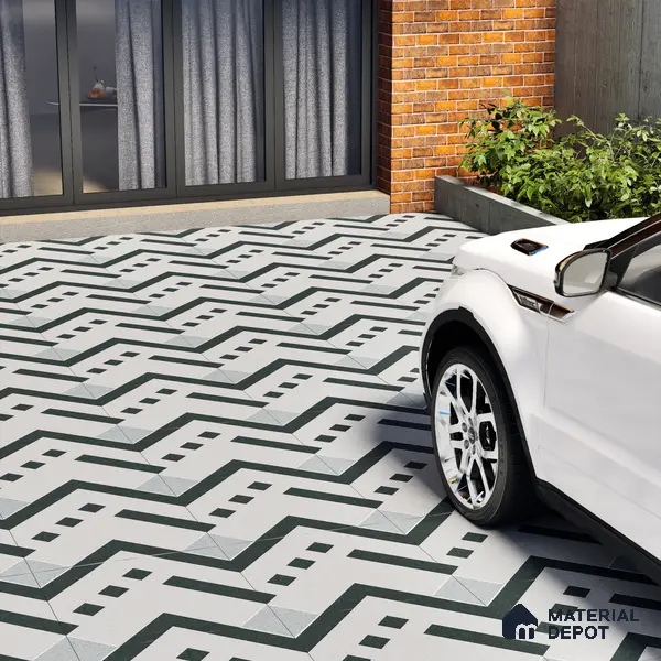 Parking Floor Tile TL 03385 A Tetris Charcoal 16 x 16 inch Anti Slip Matte Finish Heavy Duty Vitrified Tile - 12 mm | Suitable For Garage, Driveway, Terrace | Pattern Alignment May Vary | 2-3 mm Spacer is Mandatory