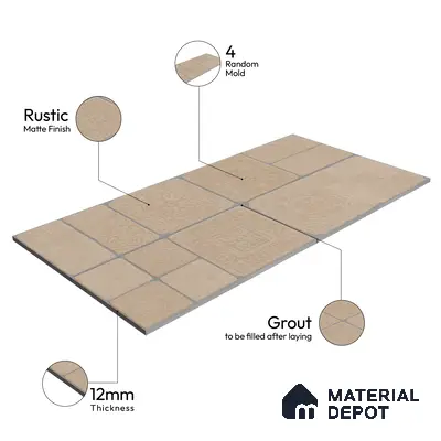 Parking Floor & Wall TL 00060 A Light Beige 2 ft x 1 ft Matte Finish Stone Vitrified Tile - 12 mm | 32 Random Faces | Suitable For Heavy Duty Outdoor Areas