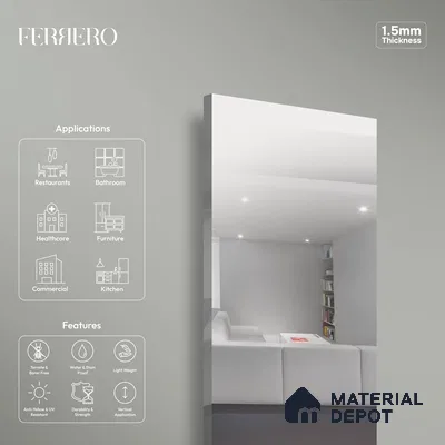 Ferrero 1C Silver Mirror  8 ft x 4 ft High Gloss Finish 6H Anti Scratch Acrylic Self Adhesive Laminate - 1.5 mm | Suitable for Bedroom, TV Unit, Wardrobe, Kitchen Cabinet