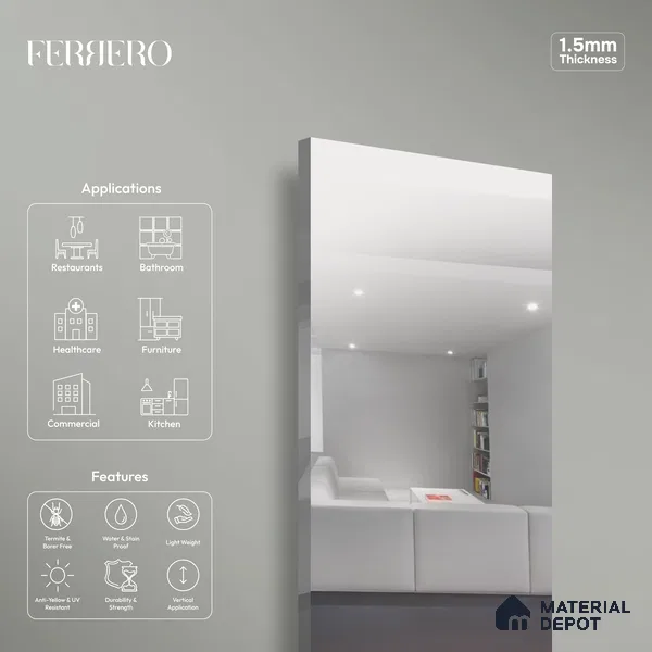 Ferrero 1C Silver Mirror  8 ft x 4 ft High Gloss Finish 6H Anti Scratch Acrylic Self Adhesive Laminate - 1.5 mm | Suitable for Bedroom, TV Unit, Wardrobe, Kitchen Cabinet