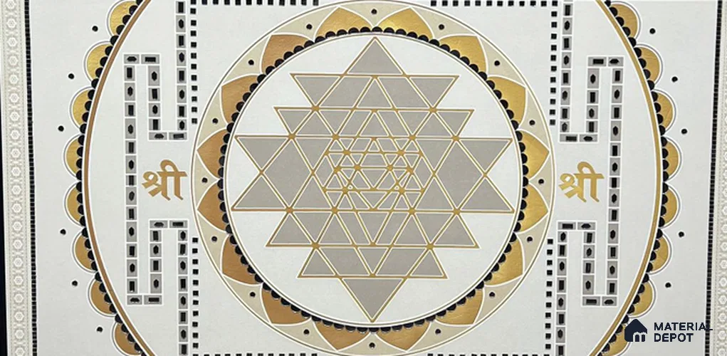 Traditional Lippan Art Highlighter Wall Tile TL 13132 Sacred Yantra Ivory 4 ft x 2 ft Vitrified Mirror Finish - 9 mm | Suitable for Living Room, Bedroom, Foyer & Traditional Highlighter Wall