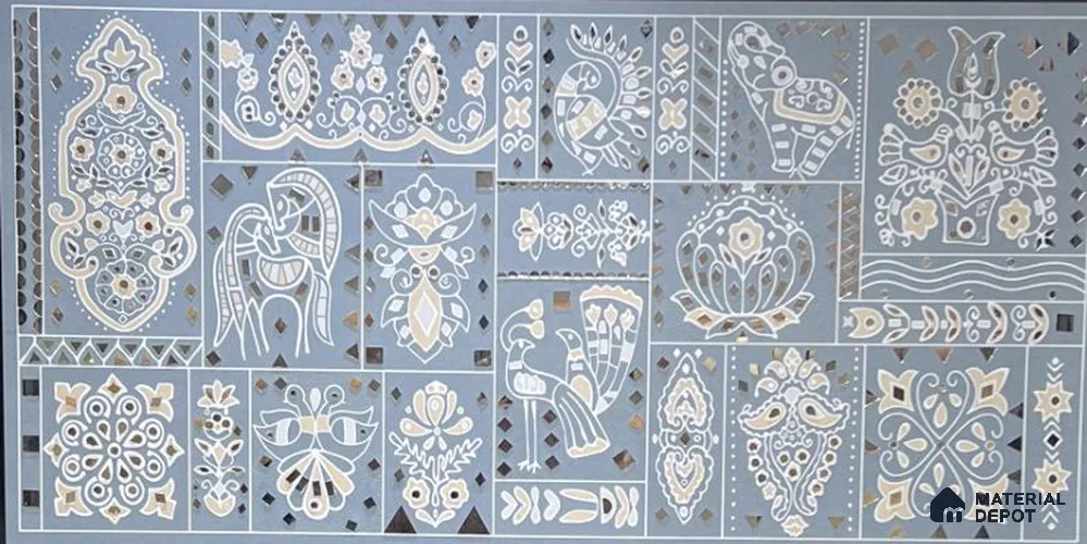 Traditional Lippan Art Highlighter Wall Tile TL 13135 Indigo Verdant Patchwork 4 ft x 2 ft Vitrified Mirror Finish - 9 mm | Suitable for Living Room, Bedroom, Foyer & Traditional Highlighter Wall