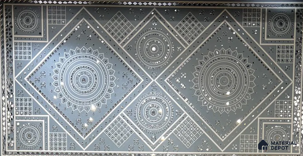 Traditional Lippan Art Highlighter Wall Tile TL 13130 Silver Diamond Mandala 4 ft x 2 ft Vitrified Mirror Finish - 9 mm | Suitable for Living Room, Bedroom, Foyer & Traditional Highlighter Wall