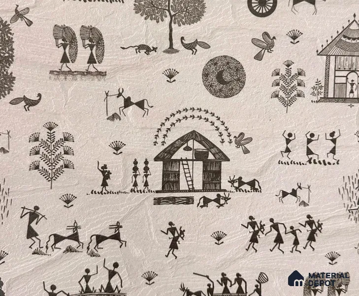 Beige Digital look LM 23944 Gramchitra Warli Art 8 ft x 4 ft Texture Finish Decorative Laminate - 1.25 mm | Suitable for Living room,TV Unit, Highlighter Wall, Wardrobe, Feature Wall