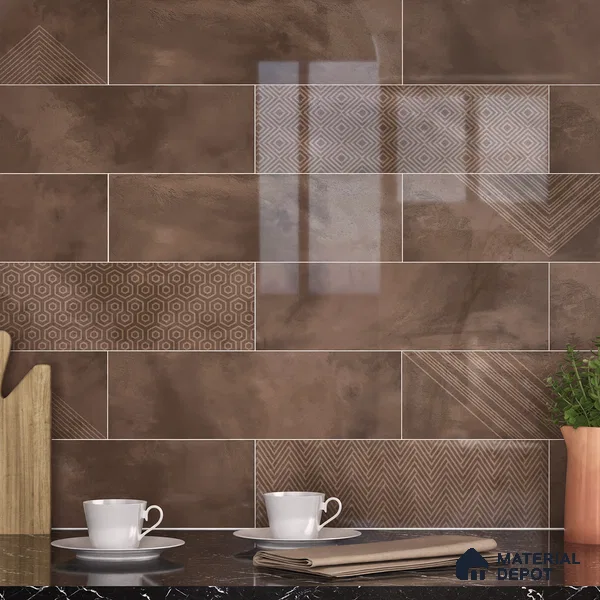 Subway Wall Tile TL 06427 AA Eterna Cocoa Classic Sepia 12 x 4 inch Ceramic Glossy Finish - 8 mm | 24 Random Design | Suitable for Accent / Feature Walls, Bathroom, Kitchen Wall & Backsplashes (Sample)