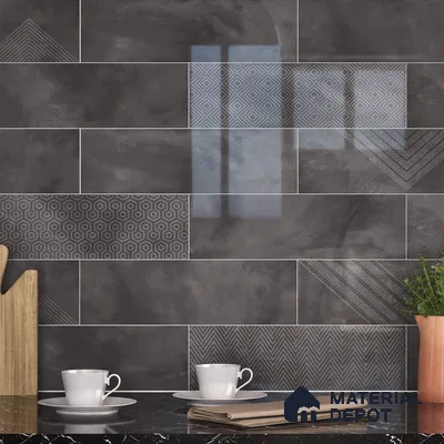 Subway Wall Tile TL 06427 AD Eterna Ash Nero 12 x 4 inch Ceramic Glossy Finish - 8 mm | 24 Random Design | Suitable for Accent / Feature Walls, Bathroom, Kitchen Wall & Backsplashes