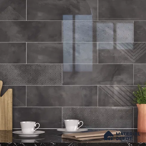 Subway Wall Tile TL 06427 AD Eterna Ash Nero 12 x 4 inch Ceramic Glossy Finish - 8 mm | 24 Random Design | Suitable for Accent / Feature Walls, Bathroom, Kitchen Wall & Backsplashes