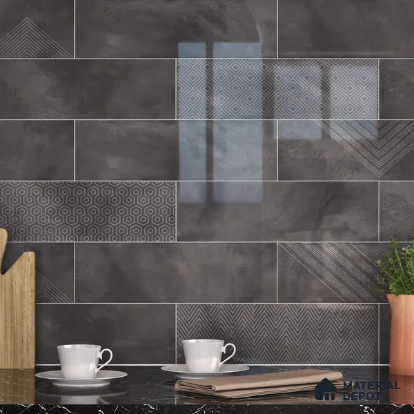 Subway Wall Tile TL 06427 AD Eterna Ash Nero 12 x 4 inch Ceramic Glossy Finish - 8 mm | 24 Random Design | Suitable for Accent / Feature Walls, Bathroom, Kitchen Wall & Backsplashes