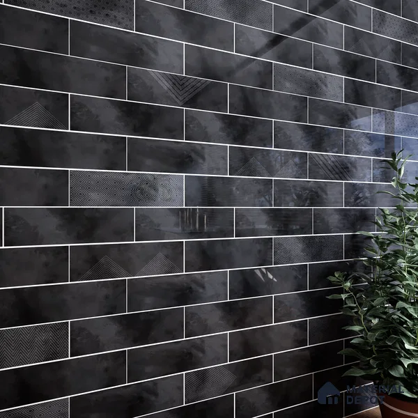 Subway Wall Tile TL 06427 AD Eterna Ash Nero 12 x 4 inch Ceramic Glossy Finish - 8 mm | 24 Random Design | Suitable for Accent / Feature Walls, Bathroom, Kitchen Wall & Backsplashes
