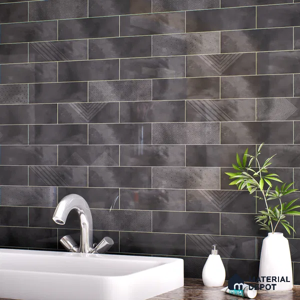 Subway Wall Tile TL 06427 AD Eterna Ash Nero 12 x 4 inch Ceramic Glossy Finish - 8 mm | 24 Random Design | Suitable for Accent / Feature Walls, Bathroom, Kitchen Wall & Backsplashes