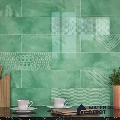 Subway Wall Tile TL 06427 P Eterna Emerald Green 12 x 4 inch Ceramic Glossy Finish - 8 mm | 24 Random Design | Suitable for Accent / Feature Walls, Bathroom, Kitchen Wall & Backsplashes