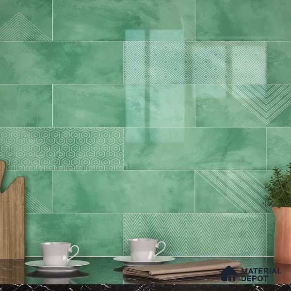Subway Wall Tile TL 06427 P Eterna Emerald Green 12 x 4 inch Ceramic Glossy Finish - 8 mm | 24 Random Design | Suitable for Accent / Feature Walls, Bathroom, Kitchen Wall & Backsplashes