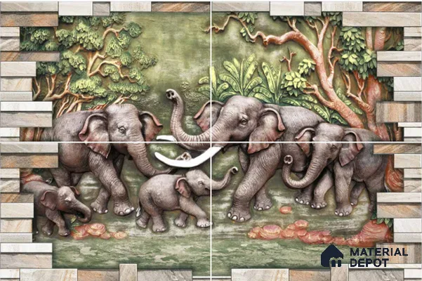 TL 04489 Divine Elephants 450x300 mm Sugar Finish Ceramic Elevation Wall Tile Poster Set (4 Pcs) - 9 mm