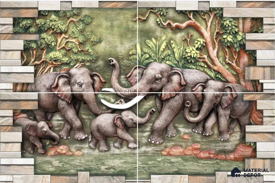 TL 04489 Divine Elephants 450x300 mm Sugar Finish Ceramic Elevation Wall Tile Poster Set (4 Pcs) - 9 mm