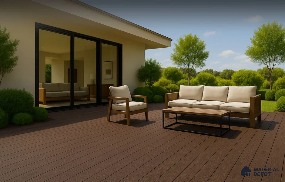 CF 00020 C Dark Walnut #Deck73 | 9.5 ft x 8 inch (2900x201 mm) Texture Woodgrain Dual Sided Finish 3rd Generation Co-Extrusion WPC Exterior Floor Decking - 26 mm