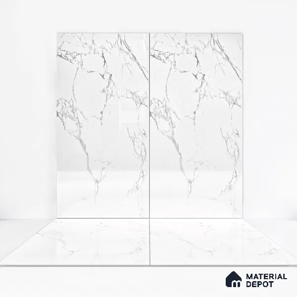 Marble Floor & Wall Tile White Statuario Glossy Finish TL 00972 | 5 ft x 2.5 ft Vitrified Slab - 9 mm | 4 Random Design | Suitable for Living Room, Bedroom