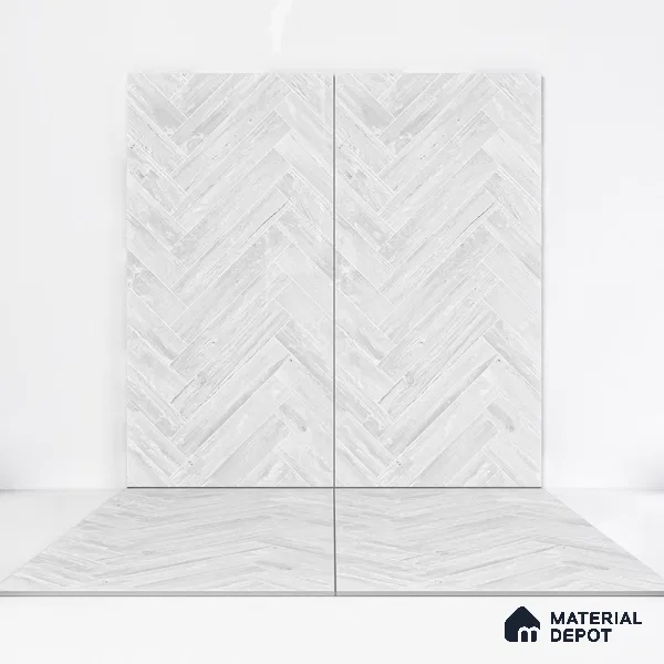 Wooden Floor Tile TL 05120 B Mokuzai Pure Snow 4 ft x 2 ft Vitrified Endless Carving Matte Finish - 9 mm | Herringbone | Suitable for Living Room, Bedroom & Bathroom