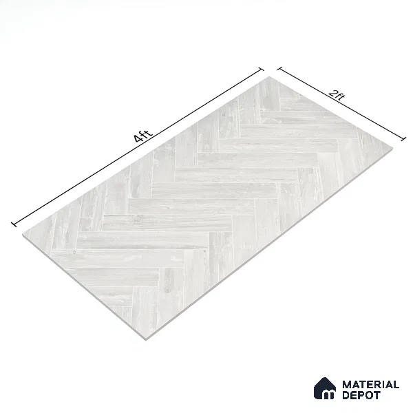 Wooden Floor Tile TL 05120 B Mokuzai Pure Snow 4 ft x 2 ft Vitrified Endless Carving Matte Finish - 9 mm | Herringbone | Suitable for Living Room, Bedroom & Bathroom