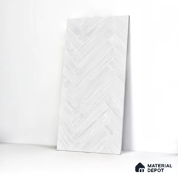 Wooden Floor Tile TL 05120 B Mokuzai Pure Snow 4 ft x 2 ft Vitrified Endless Carving Matte Finish - 9 mm | Herringbone | Suitable for Living Room, Bedroom & Bathroom