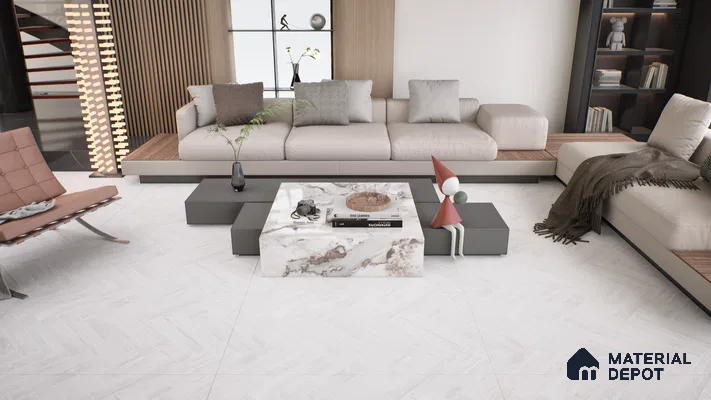 Wooden Floor Tile TL 05120 B Mokuzai Pure Snow 4 ft x 2 ft Vitrified Endless Carving Matte Finish - 9 mm | Herringbone | Suitable for Living Room, Bedroom & Bathroom