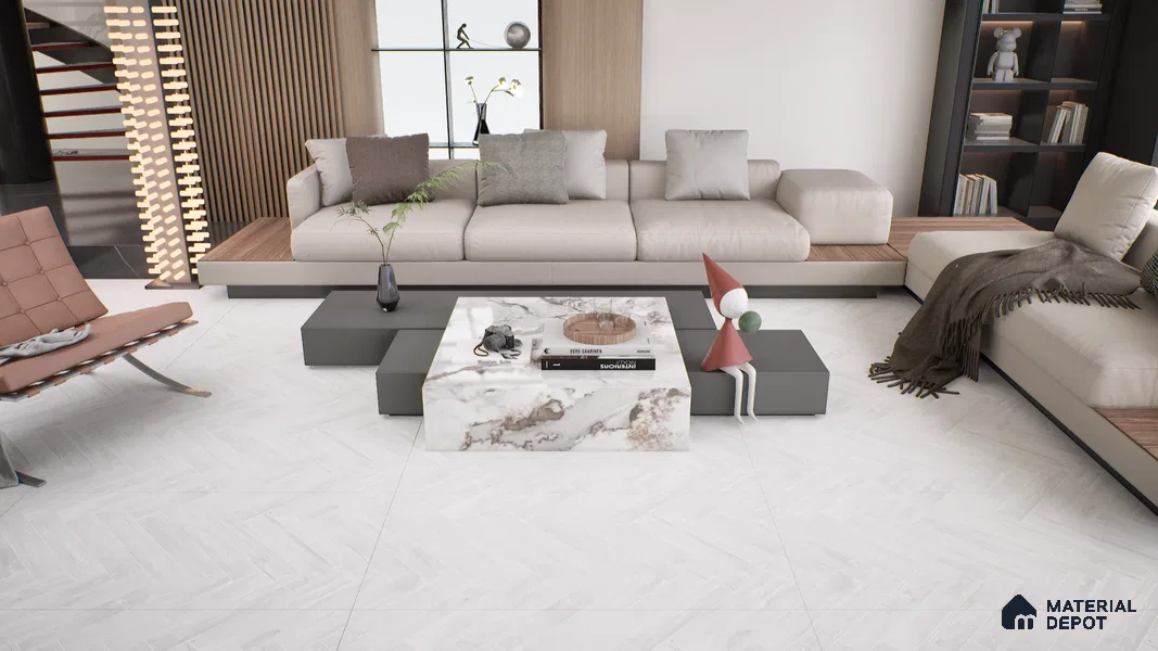 Wooden Floor Tile TL 05120 B Mokuzai Pure Snow 4 ft x 2 ft Vitrified Endless Carving Matte Finish - 9 mm | Herringbone | Suitable for Living Room, Bedroom & Bathroom