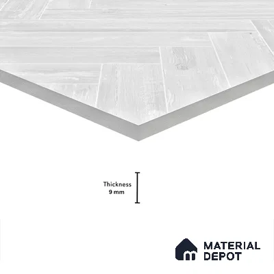 Wooden Floor Tile TL 05120 B Mokuzai Pure Snow 4 ft x 2 ft Vitrified Endless Carving Matte Finish - 9 mm | Herringbone | Suitable for Living Room, Bedroom & Bathroom