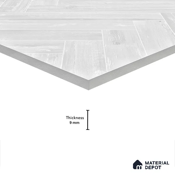 Wooden Floor Tile TL 05120 B Mokuzai Pure Snow 4 ft x 2 ft Vitrified Endless Carving Matte Finish - 9 mm | Herringbone | Suitable for Living Room, Bedroom & Bathroom