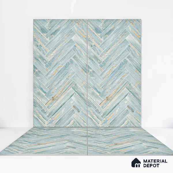 Wooden Floor Tile TL 05120 Mokuzai Indigo Drift 4 ft x 2 ft Vitrified Endless Carving Matte Finish - 9 mm | Herringbone | Suitable for Living Room, Bedroom & Bathroom