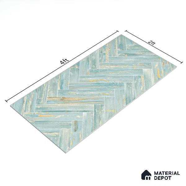 Wooden Floor Tile TL 05120 Mokuzai Indigo Drift 4 ft x 2 ft Vitrified Endless Carving Matte Finish - 9 mm | Herringbone | Suitable for Living Room, Bedroom & Bathroom