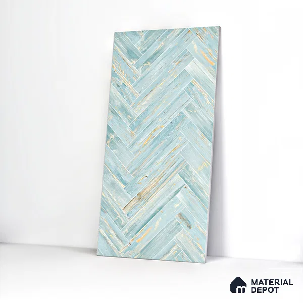 Wooden Floor Tile TL 05120 Mokuzai Indigo Drift 4 ft x 2 ft Vitrified Endless Carving Matte Finish - 9 mm | Herringbone | Suitable for Living Room, Bedroom & Bathroom