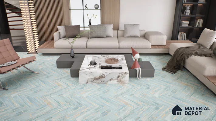 Wooden Floor Tile TL 05120 Mokuzai Indigo Drift 4 ft x 2 ft Vitrified Endless Carving Matte Finish - 9 mm | Herringbone | Suitable for Living Room, Bedroom & Bathroom
