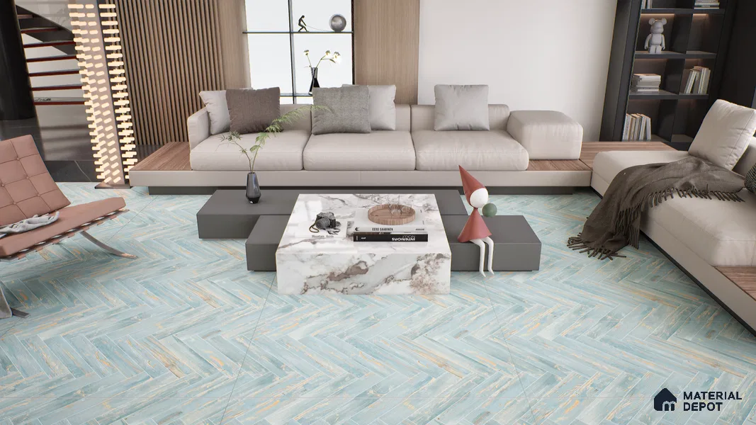 Wooden Floor Tile TL 05120 Mokuzai Indigo Drift 4 ft x 2 ft Vitrified Endless Carving Matte Finish - 9 mm | Herringbone | Suitable for Living Room, Bedroom & Bathroom