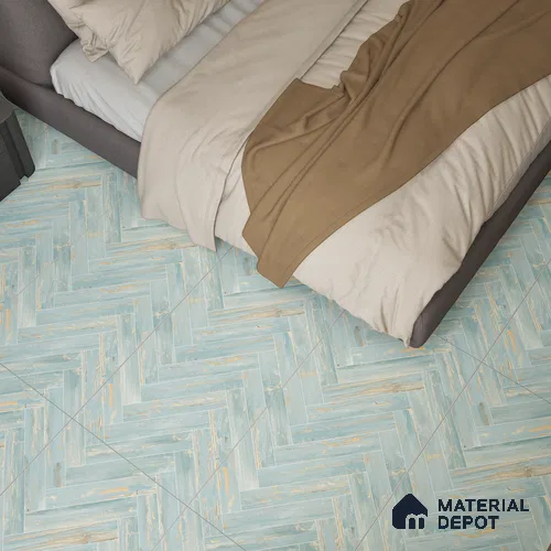 Wooden Floor Tile TL 05120 Mokuzai Indigo Drift 4 ft x 2 ft Vitrified Endless Carving Matte Finish - 9 mm | Herringbone | Suitable for Living Room, Bedroom & Bathroom