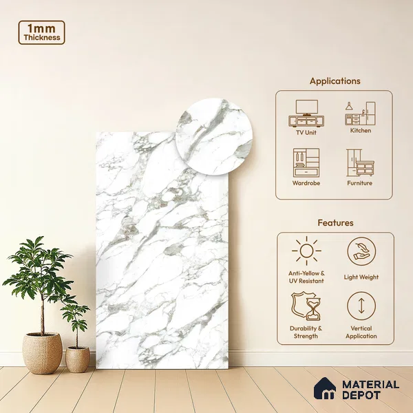 White Marble Look LM 03363 8 ft x 4 ft Super Matte Finish Decorative Laminate - 1 mm | Suitable for TV Unit, Wardrobe, Kitchen Cabinets