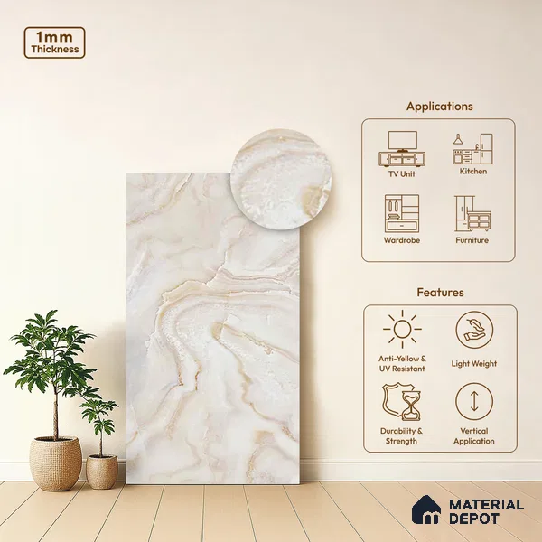 Beige Marble Look LM 03774 8 ft x 4 ft Matte Finish Decorative Laminate - 1 mm | Suitable for TV Unit, Wardrobe, Kitchen Cabinets