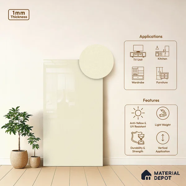Ivory Beige Solid Colors Look LM 03795 8 ft x 4 ft High Gloss Finish Decorative Laminate - 1 mm | Suitable for Living Room, Kitchen, Office