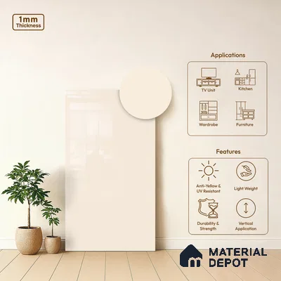 Light Beige Solid Colors Look LM 03802 8 ft x 4 ft High Gloss Finish Decorative Laminate - 1 mm | Suitable for Living Room, Kitchen, Office