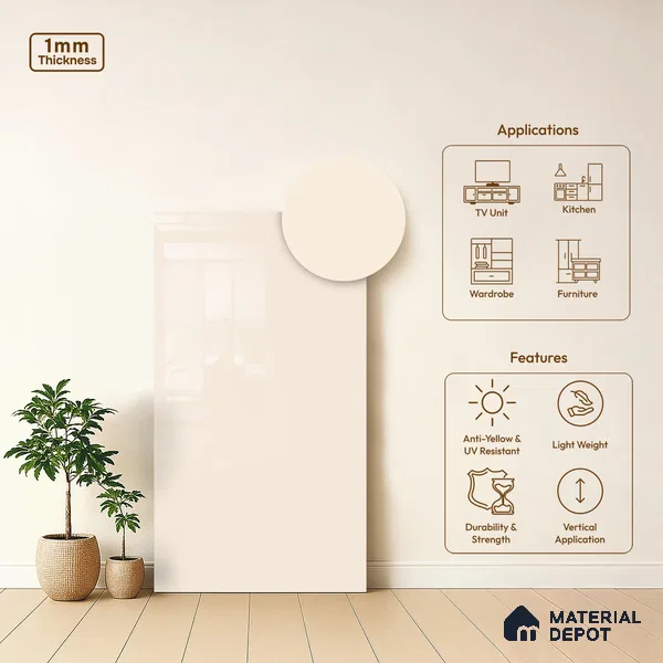 Light Beige Solid Colors Look LM 03802 8 ft x 4 ft High Gloss Finish Decorative Laminate - 1 mm | Suitable for Living Room, Kitchen, Office