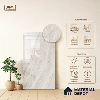 Beige Marble Look LM 03828 8 ft x 4 ft High Gloss Finish Decorative Laminate - 1 mm | Suitable for TV Unit, Wardrobe, Kitchen Cabinets