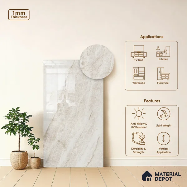Beige Marble Look LM 03828 8 ft x 4 ft High Gloss Finish Decorative Laminate - 1 mm | Suitable for TV Unit, Wardrobe, Kitchen Cabinets