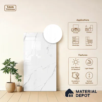 White Marble Look LM 03865 8 ft x 4 ft High Gloss Finish Decorative Laminate - 1 mm | Suitable for TV Unit, Wardrobe, Kitchen Cabinets