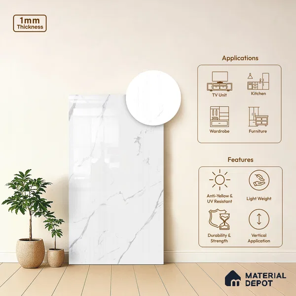 White Marble Look LM 03865 8 ft x 4 ft High Gloss Finish Decorative Laminate - 1 mm | Suitable for TV Unit, Wardrobe, Kitchen Cabinets