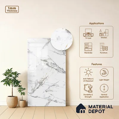 White Marble Look LM 03866 8 ft x 4 ft High Gloss Finish Decorative Laminate - 1 mm | Suitable for TV Unit, Wardrobe, Kitchen Cabinets